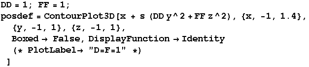 DD = 1 ; FF = 1 ; posdef = ContourPlot3D[x + s (DD y^2 + FF z^2), {x, -1, 1.4}, {y, -1, 1}, {z ...  False, DisplayFunctionIdentity(* PlotLabel "D=F=1" *)] 